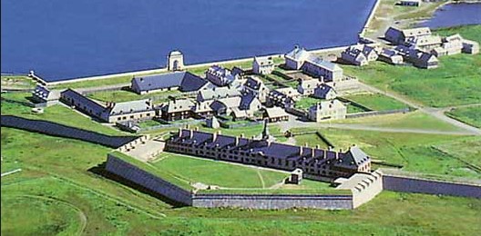 Reconstructed 18th-century Fortress of Louisbourg with stone walls and buildings
