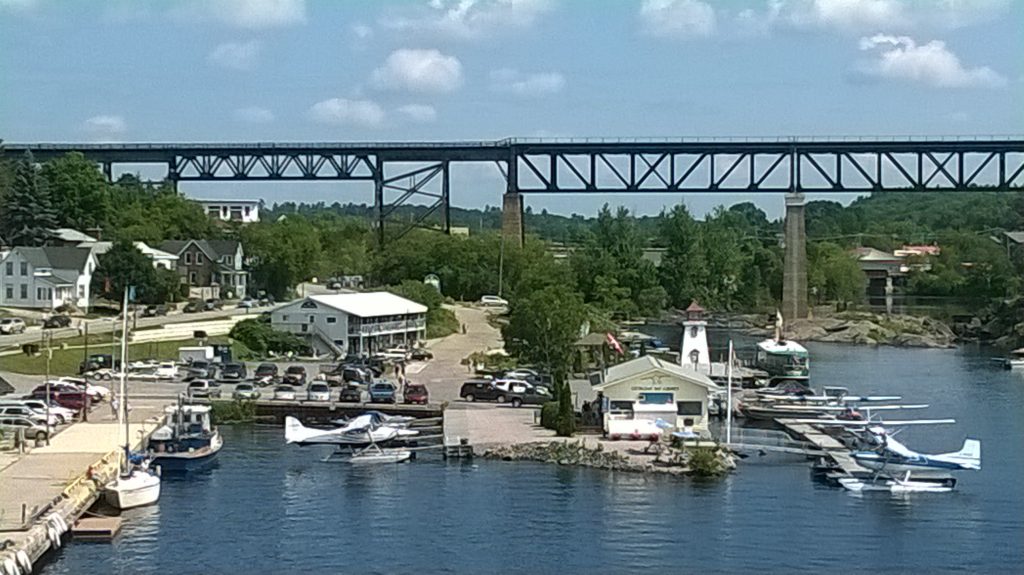 Parry Sound, Northern Ontario: View of Georgian Bay with islands and a boat.