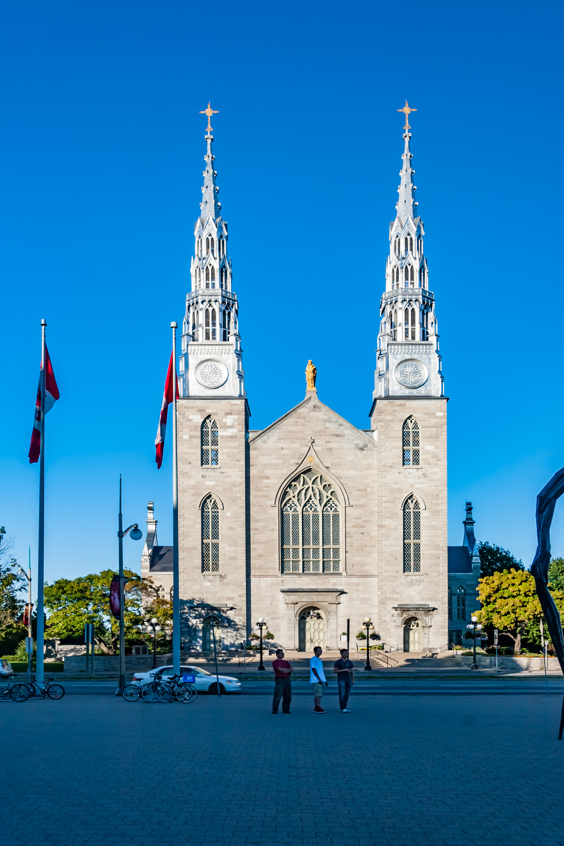 Notre-Dame Cathedral Basilica exterior with twin spires in Ottawa.